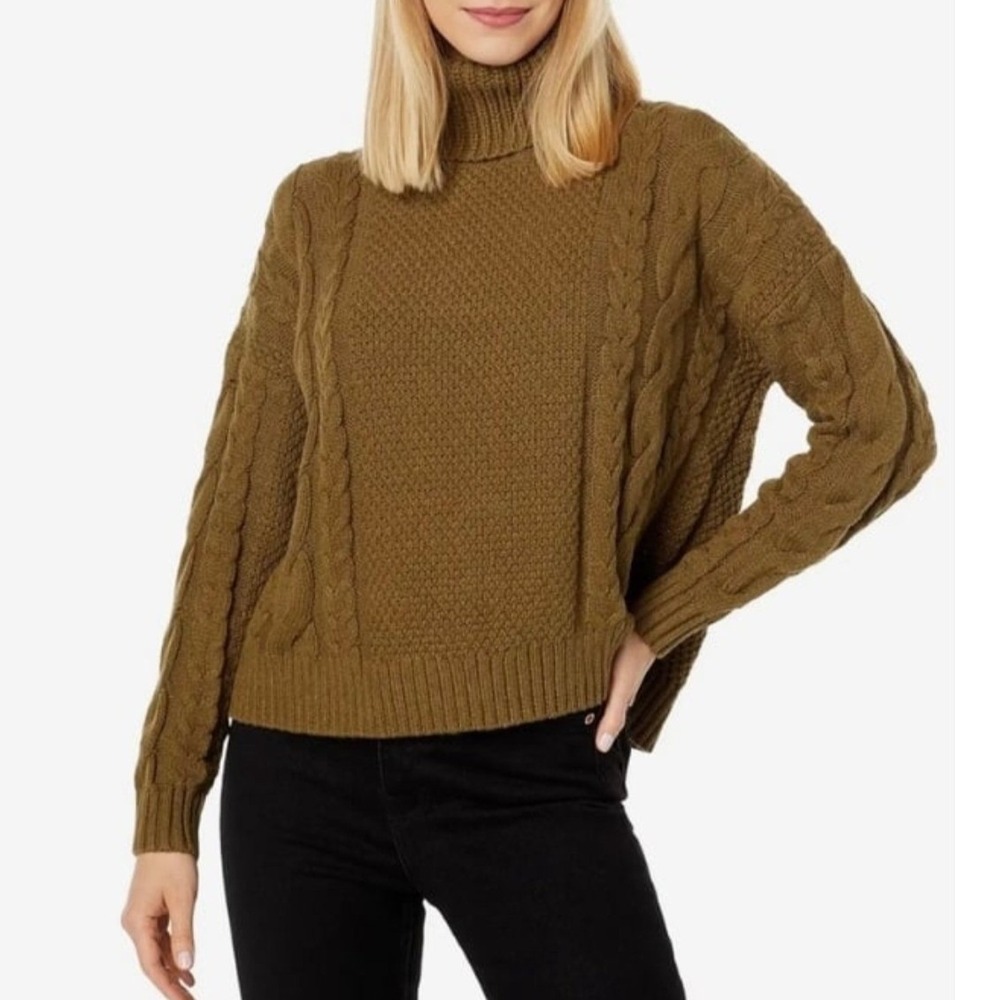 Madewell Cable Knit Turtleneck Sweater Golden Spinach Green Neutral Cozy XL